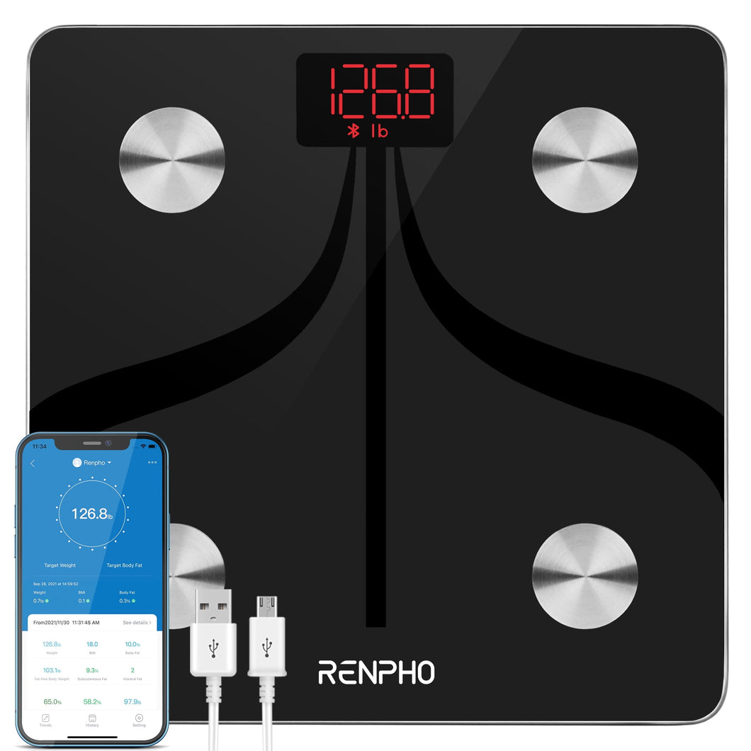 USB Rechargeable Smart Scale for Weight & Body Fat, Black, 396 lbs